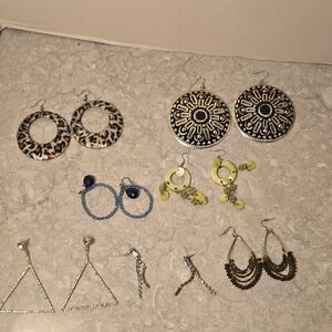 Chic Women's Earring Collection - Silver, Black, Gold, Green. Lot Of 7 Pairs.